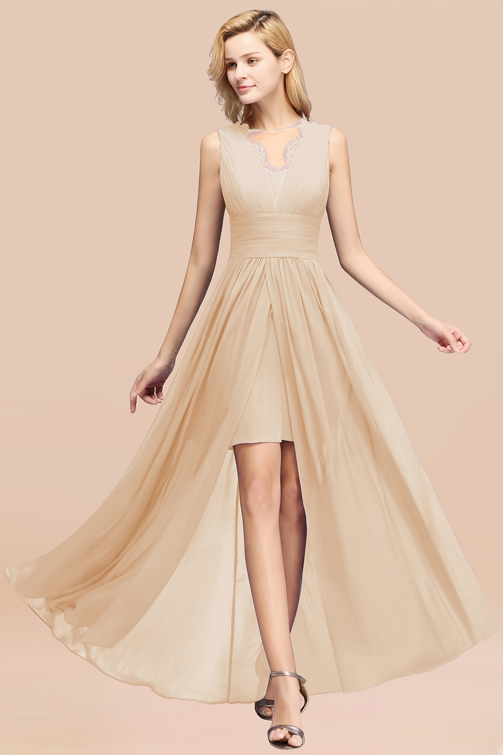 Lace Chiffon Jewel Sleeveless Ruffles Short Bridesmaid Dress