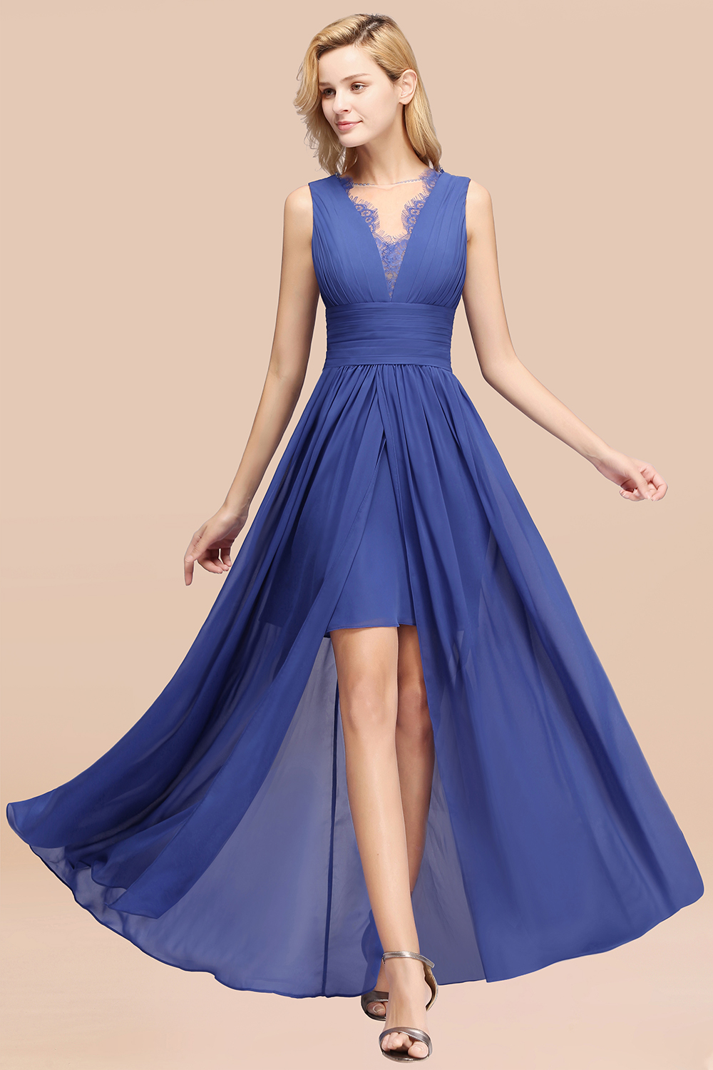 Lace Chiffon Jewel Sleeveless Ruffles Short Bridesmaid Dress