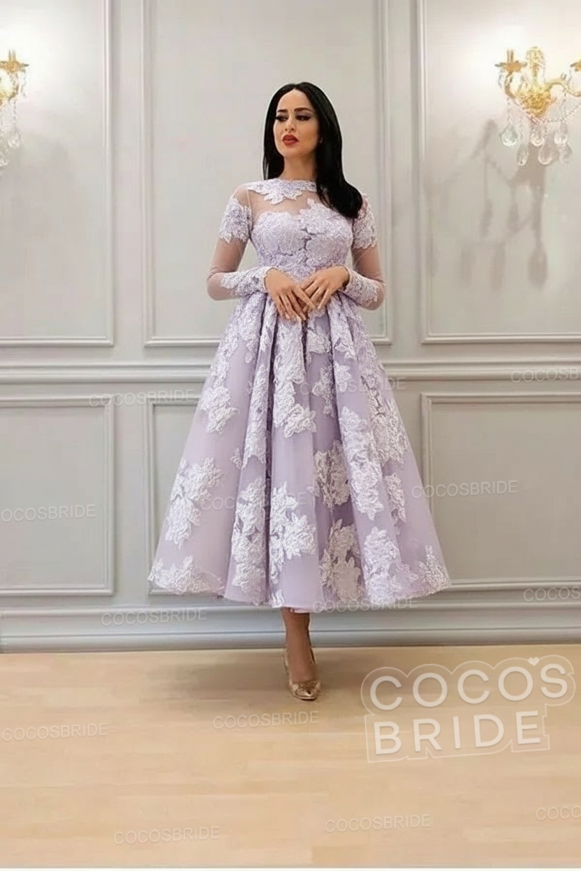 Elegant Short A-line High Neck Lace Ankle Length Formal Evening Dress with Sleeves