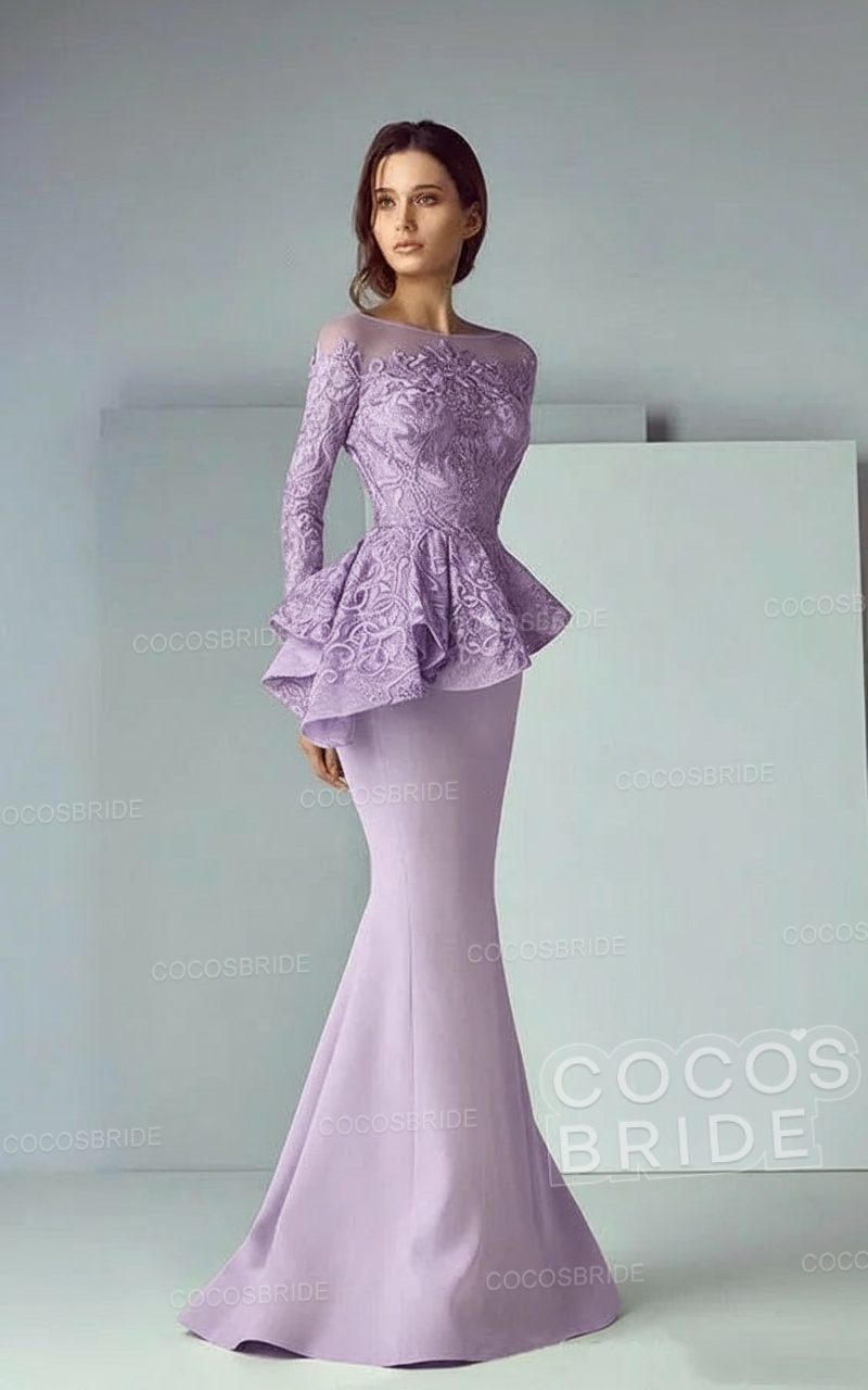 Modest Long Mermaid Lace Satin Formal Prom Dresses with Sleeves