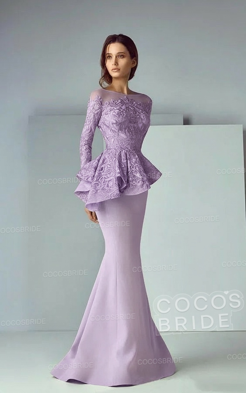 Modest Long Mermaid Lace Satin Formal Prom Dresses with Sleeves