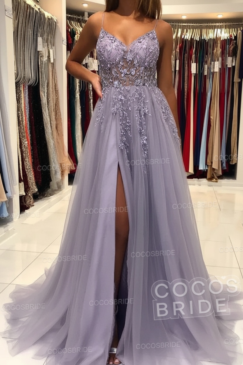 Long A-line V-neck Spaghetti Straps Open Back Prom Dress with Slit