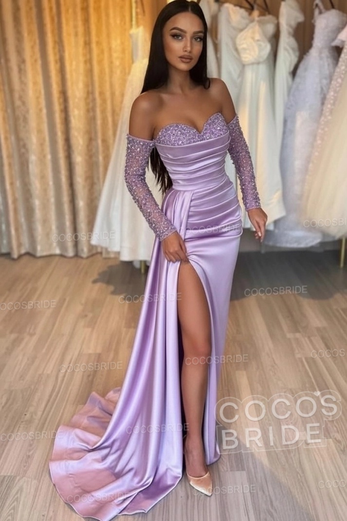 Long Mermaid Off the Shoulder Satin Front Slit Prom Dresses with Sleeves