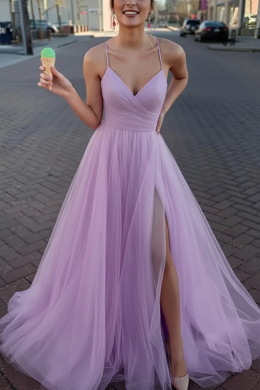 Long Spaghetti Straps V-neck A-Line Tulle Prom Dress With Side Slit