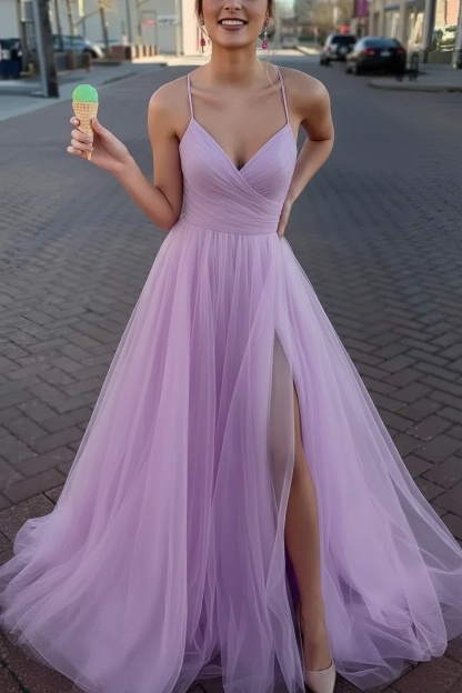 Long Spaghetti Straps V-neck A-Line Tulle Prom Dress With Side Slit