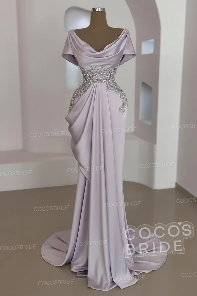 Mermaid Cowl Neck Satin Long Prom Dresses with Short Sleeves