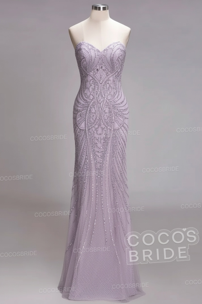 Mermaid Strapless Sweetheart Long Sequined Formal Evening Dresses with Beads