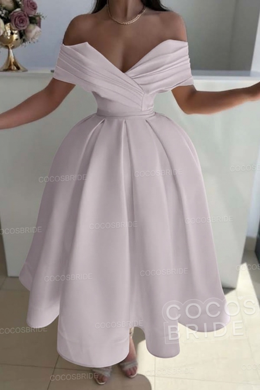 Off the Shoulder A-Line Satin Prom Dress with Pleated