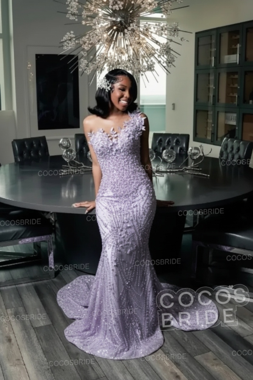 One Shoulder Sleeveless Mermaid Prom Dress with Beaded