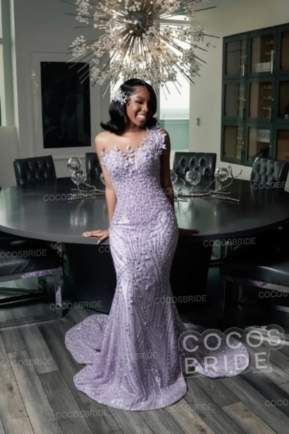 One Shoulder Sleeveless Mermaid Prom Dress with Beaded