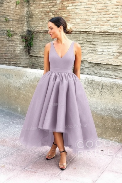 Simple Black V-neck Sleeveless Asymmetrical A-Line Prom Dresses