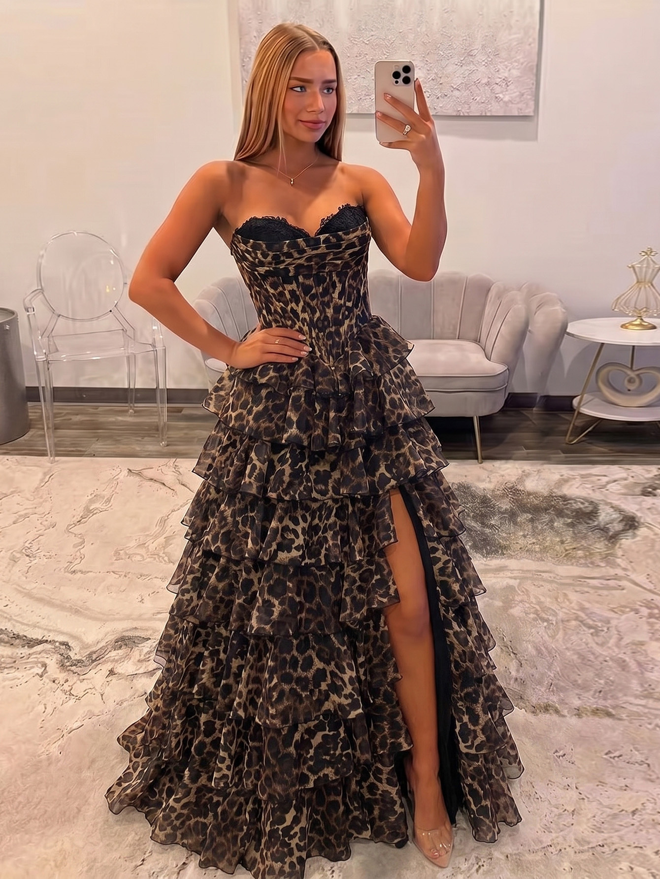 Blue Floral Strapless Silk Chiffon Corest Long A-line Prom Dress with Slit