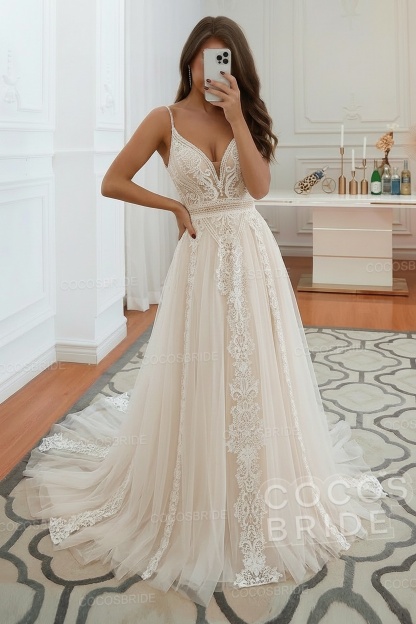 Long A-line Ruffles Open Back Tulle Lace Wedding Dress