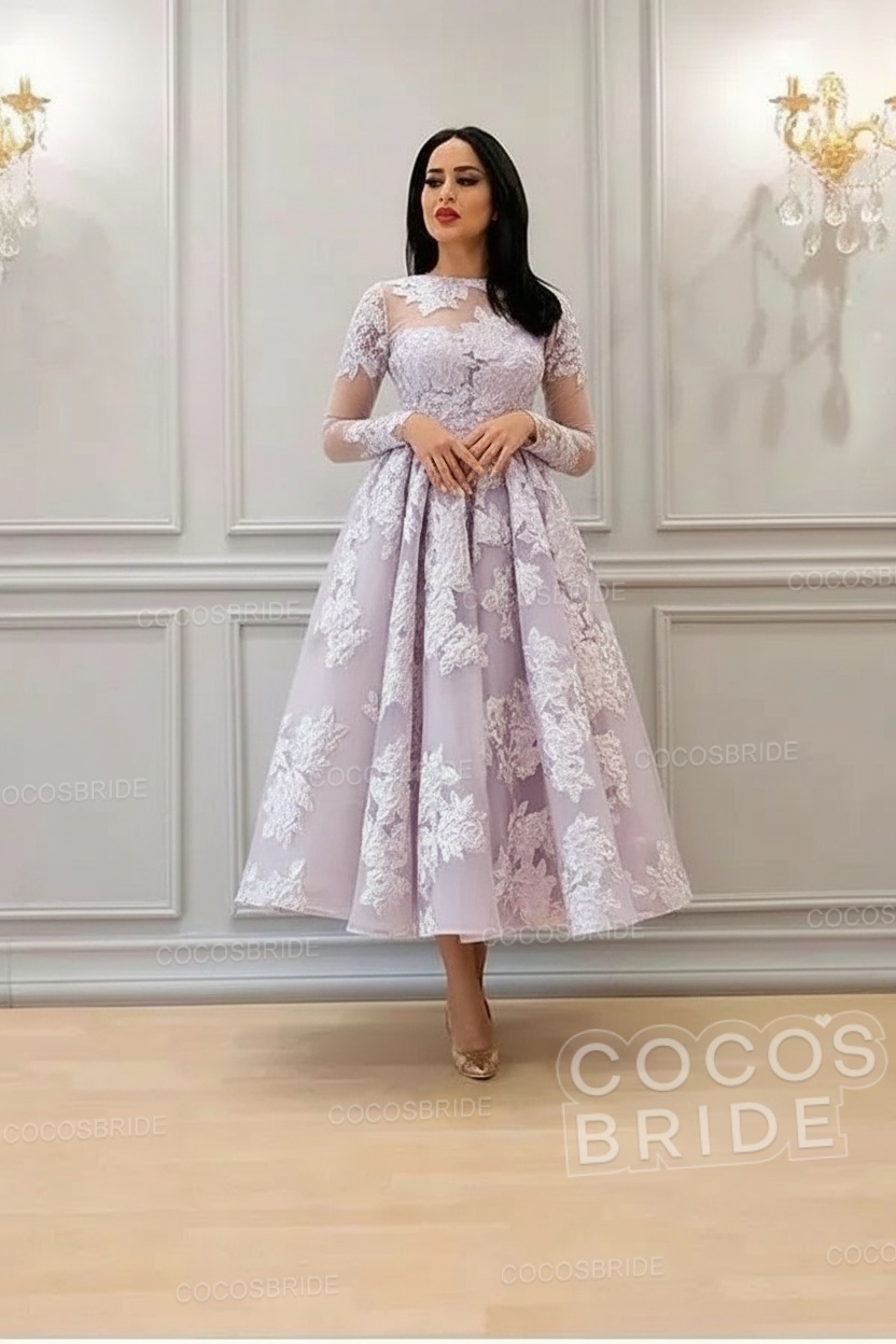 Elegant Short A-line High Neck Lace Ankle Length Formal Evening Dress with Sleeves