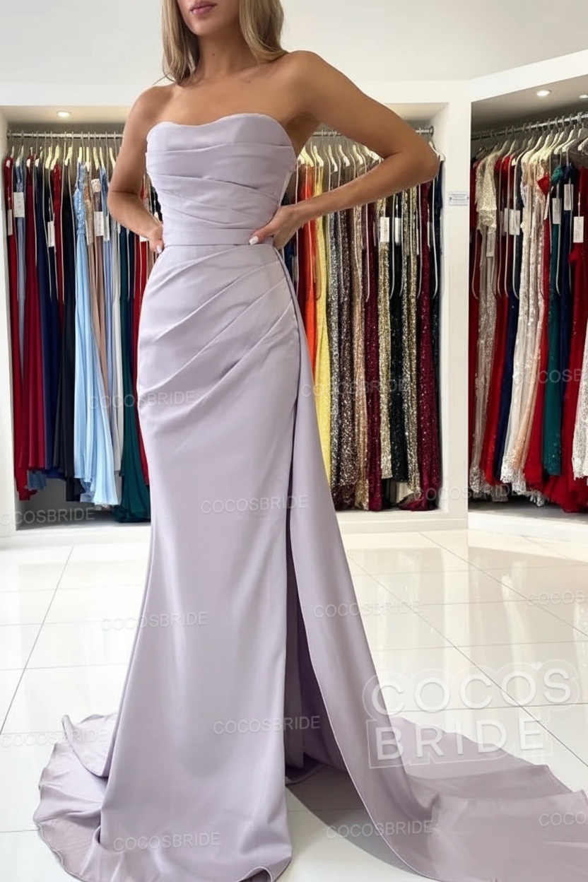Long Mermaid Strapless Satin Prom Dress with Slit
