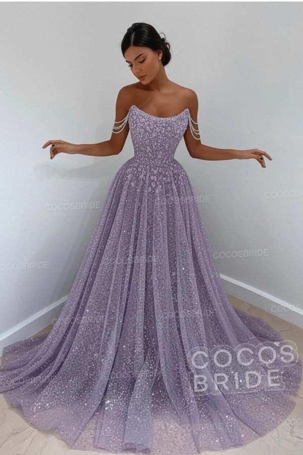 Long A-line Sparkly Sleeveless Sequined Formal Prom Dress