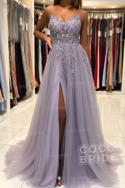 Long A-line V-neck Spaghetti Straps Open Back Prom Dress with Slit