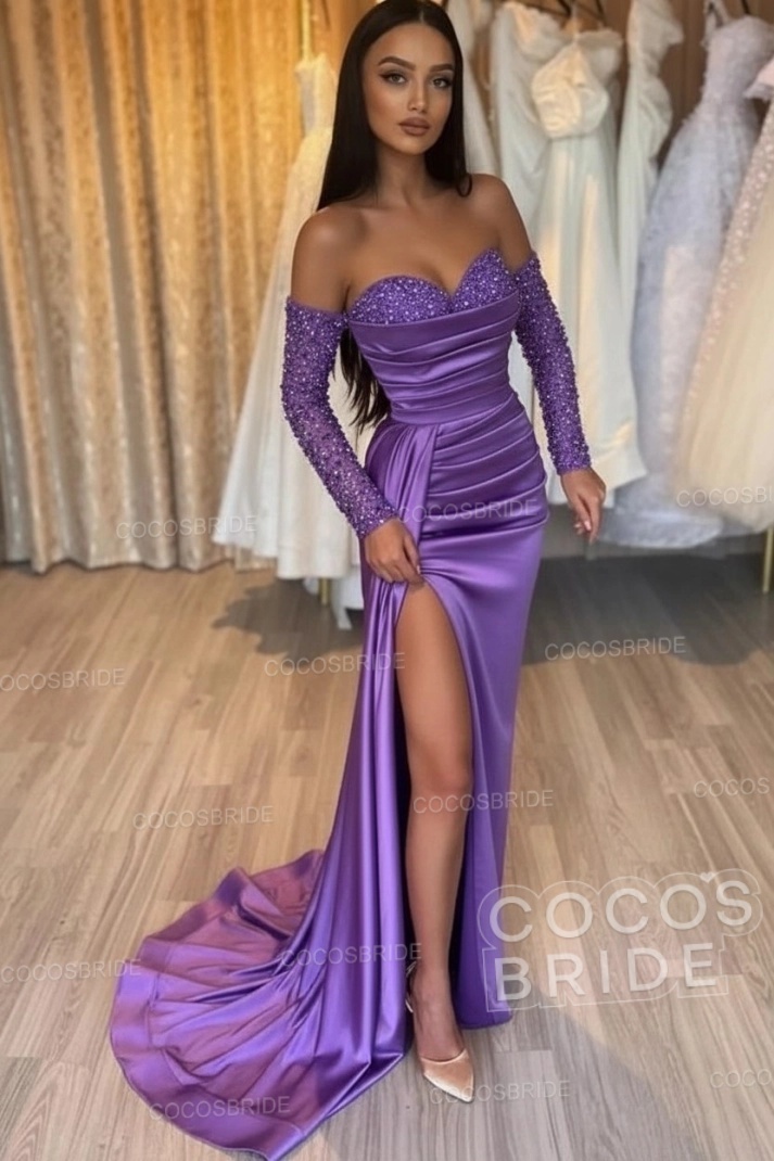 Long Mermaid Off the Shoulder Satin Front Slit Prom Dresses with Sleeves