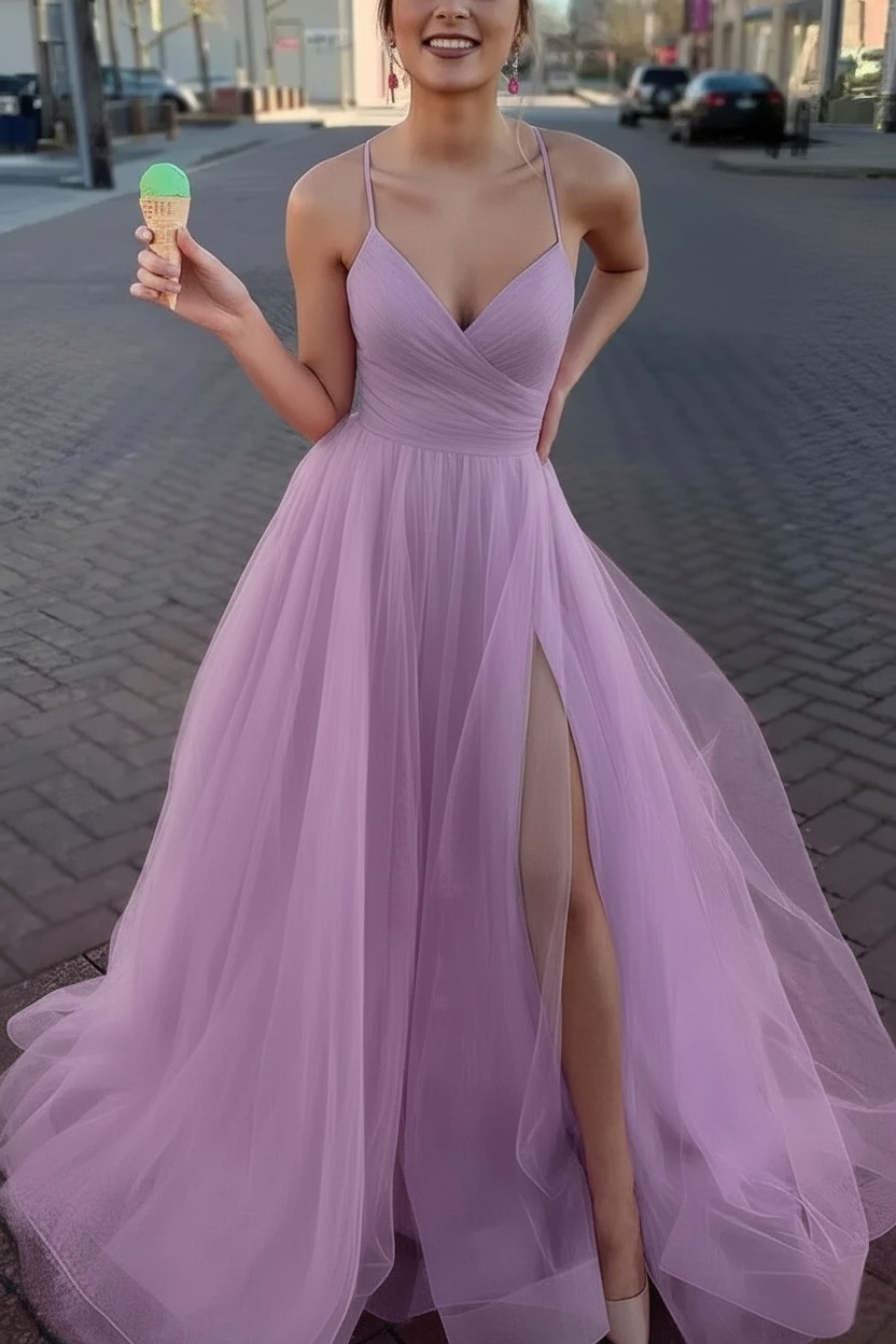 Long Spaghetti Straps V-neck A-Line Tulle Prom Dress With Side Slit