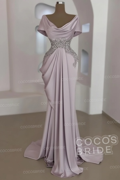 Mermaid Cowl Neck Satin Long Prom Dresses with Short Sleeves