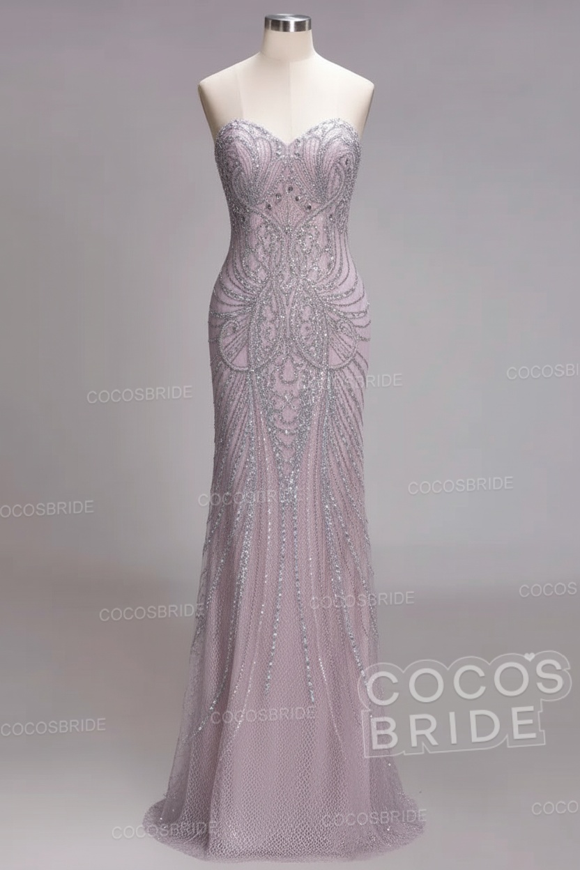 Mermaid Strapless Sweetheart Long Sequined Formal Evening Dresses with Beads