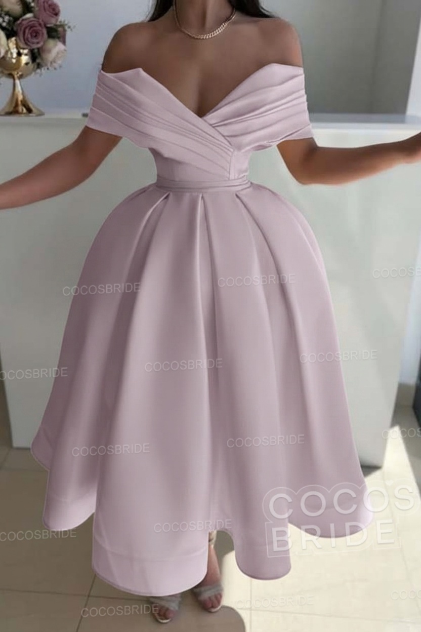 Off the Shoulder A-Line Satin Prom Dress with Pleated