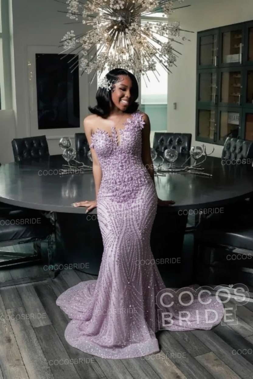 One Shoulder Sleeveless Mermaid Prom Dress with Beaded