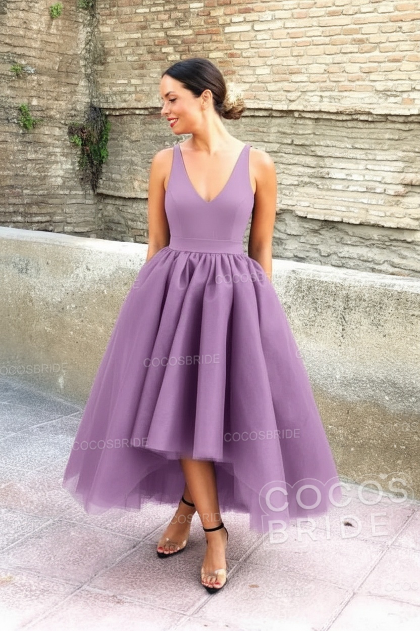 Simple Black V-neck Sleeveless Asymmetrical A-Line Prom Dresses