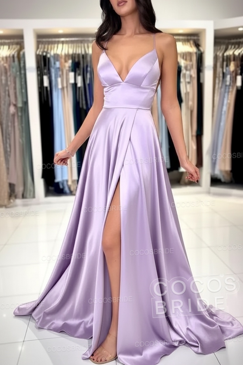 Simple Long A-line V-neck Satin Backless Formal Prom Dresses with Slit