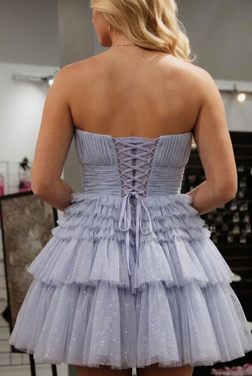 Lilac Tulle A-Line Strapless Short Homecoming Dress with Tiered Ruffles