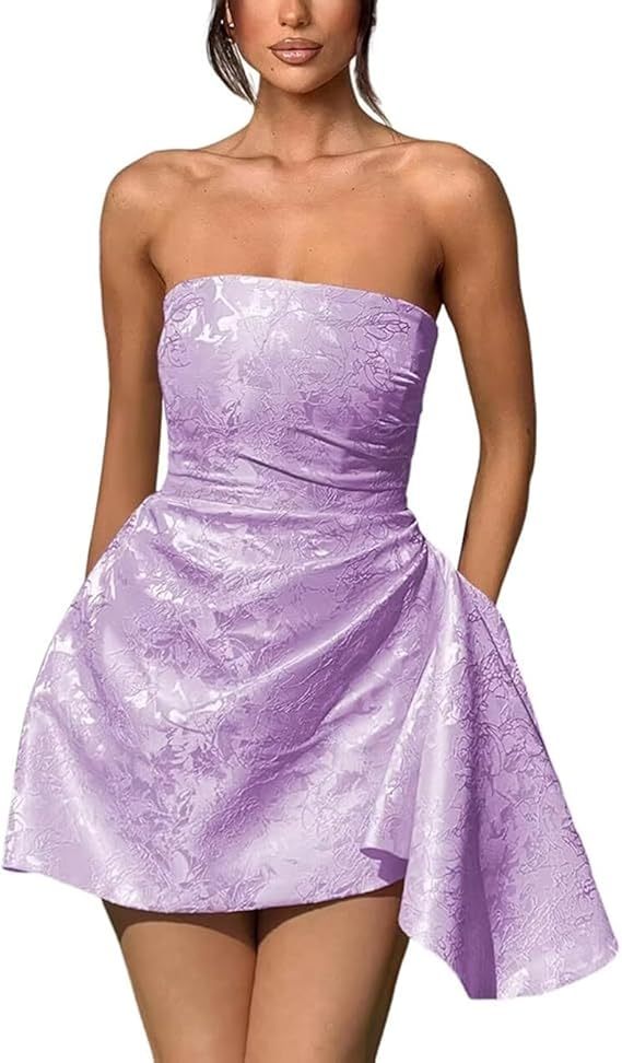 A-line Strapless Jacquard Satin Asymmetrical Lace up Sleeveless Short Homecoming Dress - CoCosBride