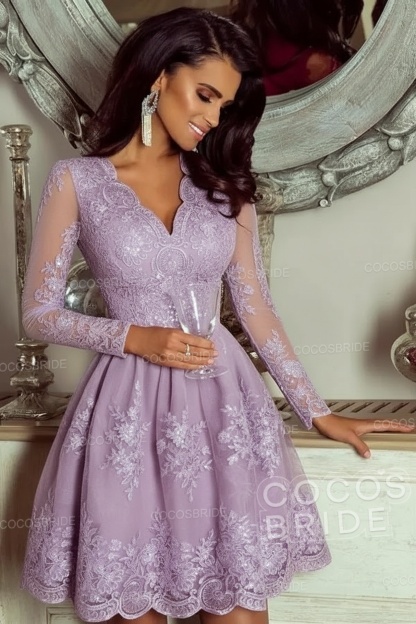 Elegant Short A-line V-neck Tulle Lace Homecoming Dresses with Sleeves