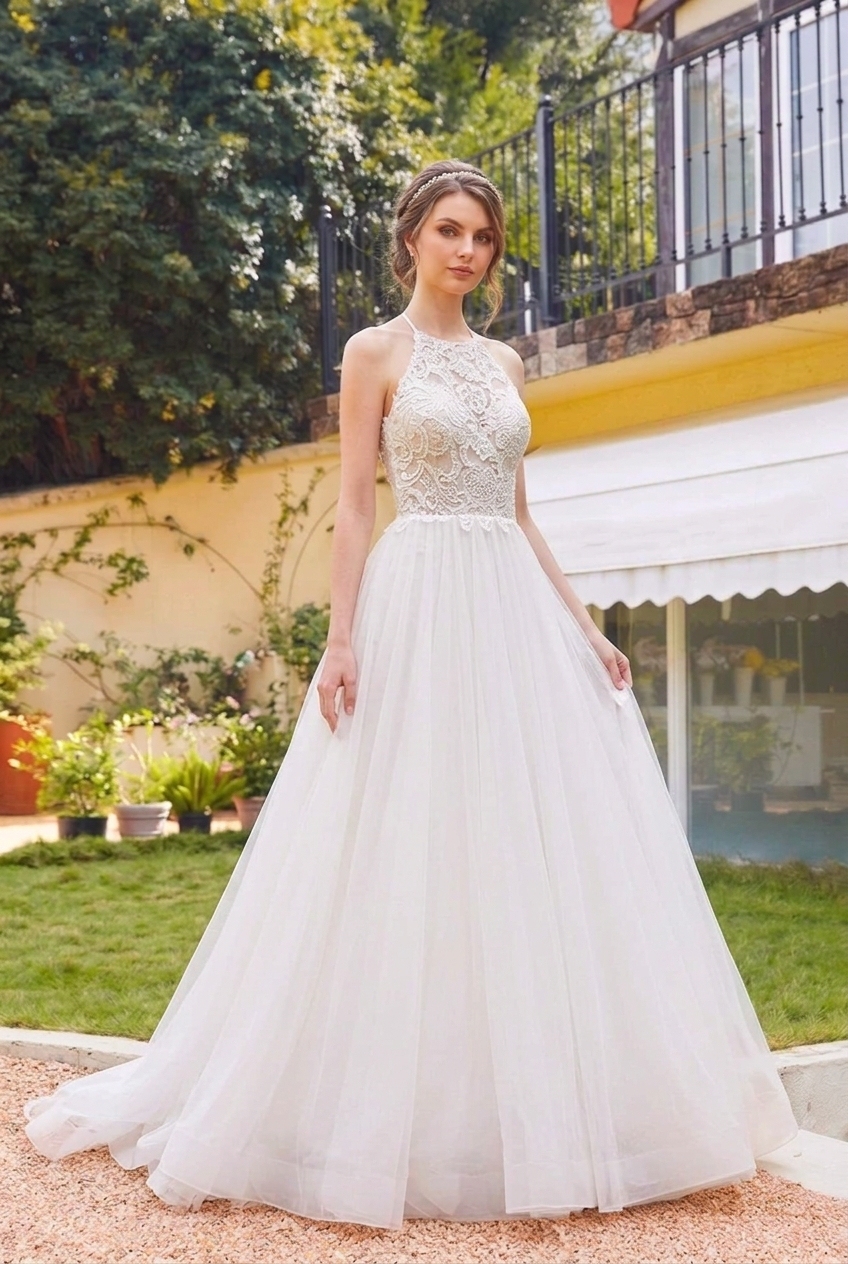 Long A Line Halter Tulle Lace Backless Beach Wedding Dress