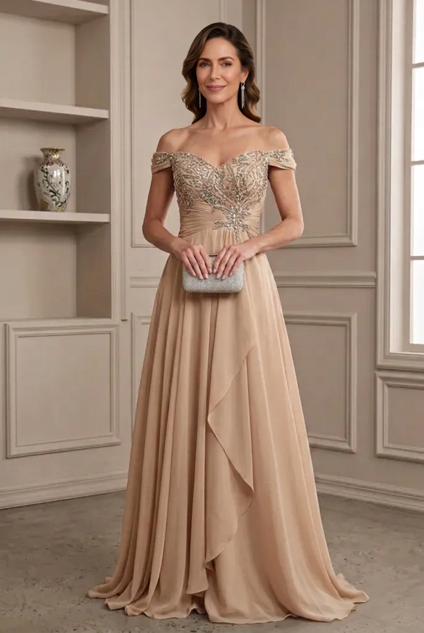 Long A-Line Off the Shoulder Beading Ruffles Chiffon Mother Of Bride Dress
