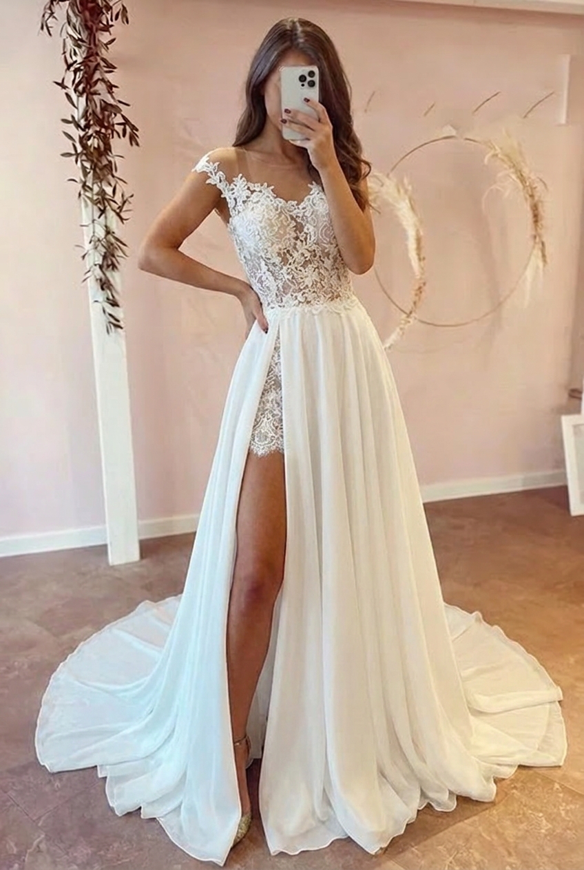 Long A-Line Sweetheart Cap Sleeve Lace Chiffon Wedding Dress with Slit