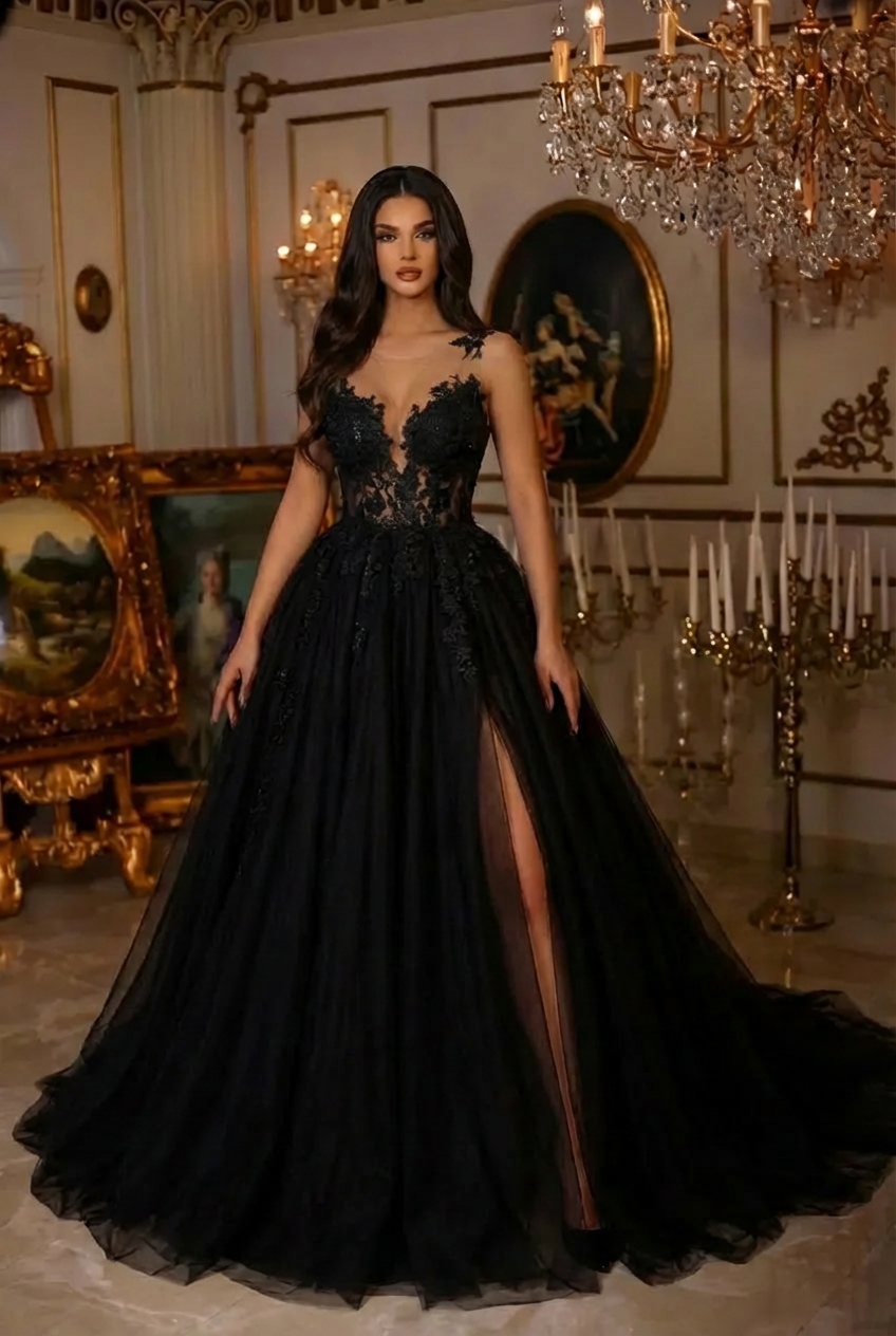 Long A-Line Sweetheart Court Train Tulle Black Wedding Dress with Slit