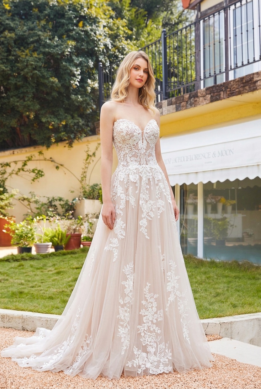 Long A-Line Tulle Lace Appliques Floor Length Wedding Dress