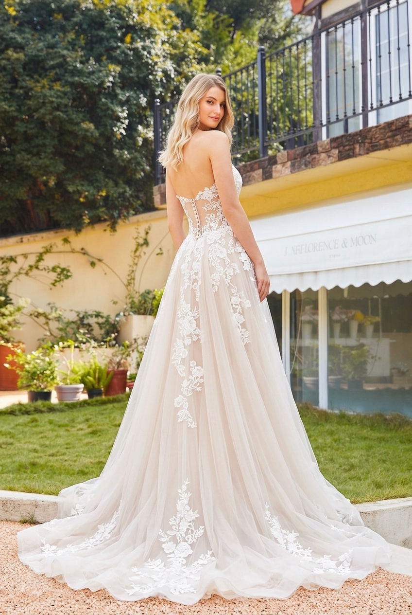 Long A-Line Tulle Lace Appliques Floor Length Wedding Dress