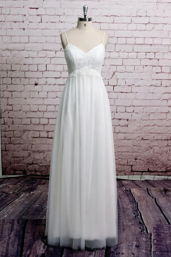 Long A-line Empire Spaghetti Strap Lace Tulle Wedding Dress