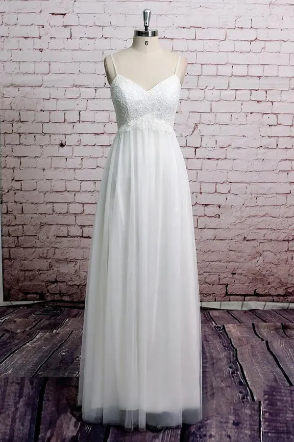 Long A-line Empire Spaghetti Strap Lace Tulle Wedding Dress