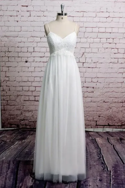 Long A-line Empire Spaghetti Strap Lace Tulle Wedding Dress