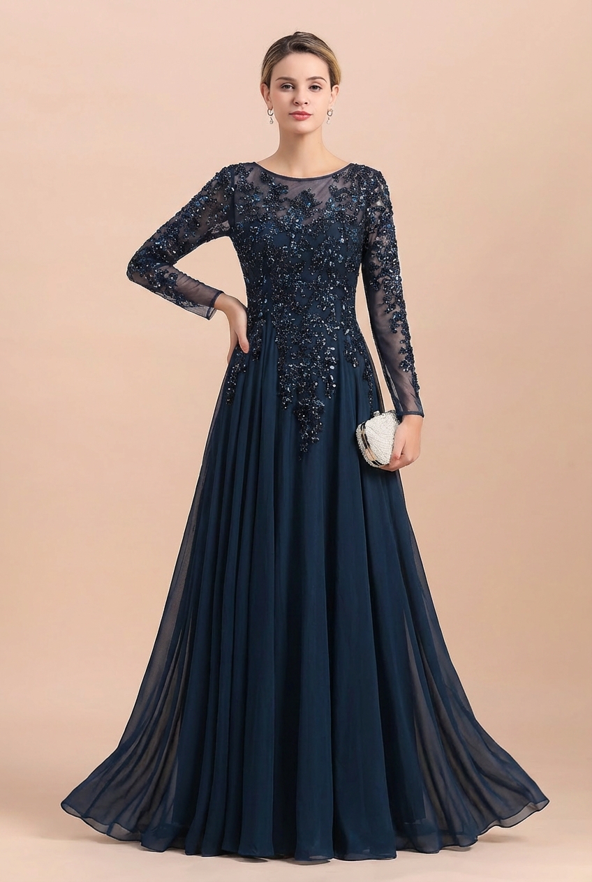 Long A-line Floor Length Tulle Lace Mother Of Bride Dresses with Sleeves