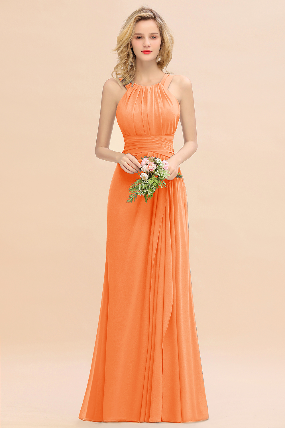 Long A-line Halter Chiffon Backless Floor-length Bridesmaid Dresses