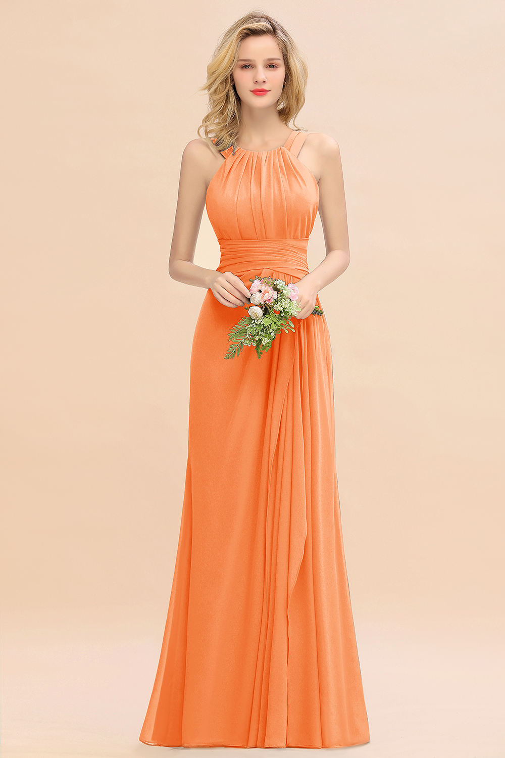 Long A-line Halter Chiffon Backless Floor-length Bridesmaid Dresses