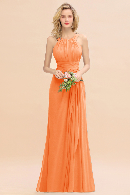 Long A-line Halter Chiffon Backless Floor-length Bridesmaid Dresses