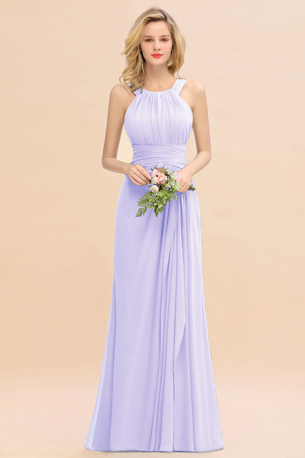 Long A-line Halter Chiffon Backless Floor-length Bridesmaid Dresses