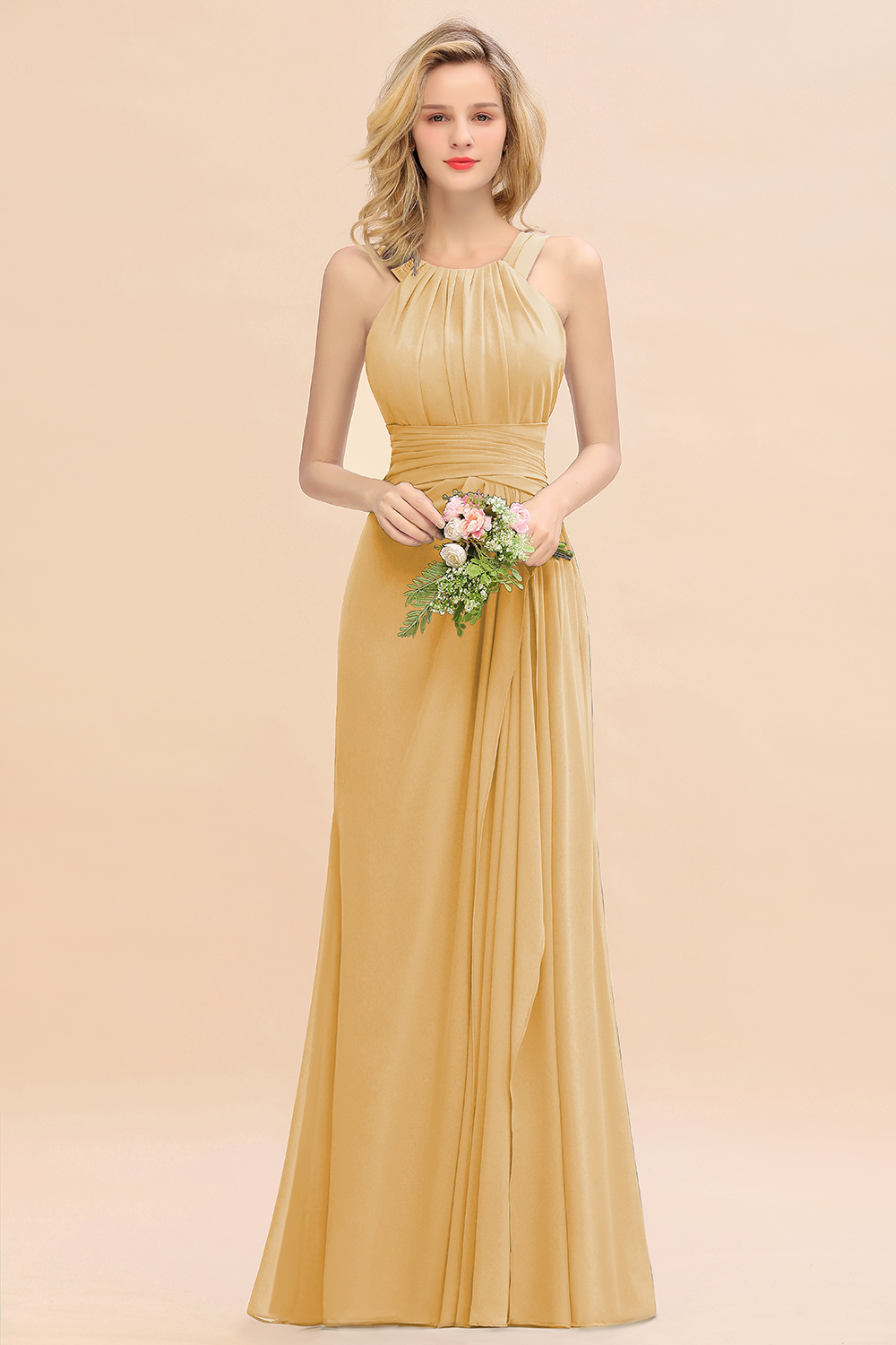 Long A-line Halter Chiffon Backless Floor-length Bridesmaid Dresses