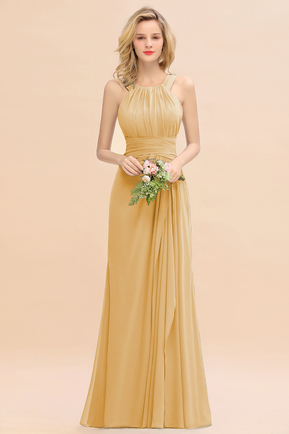 Long A-line Halter Chiffon Backless Floor-length Bridesmaid Dresses
