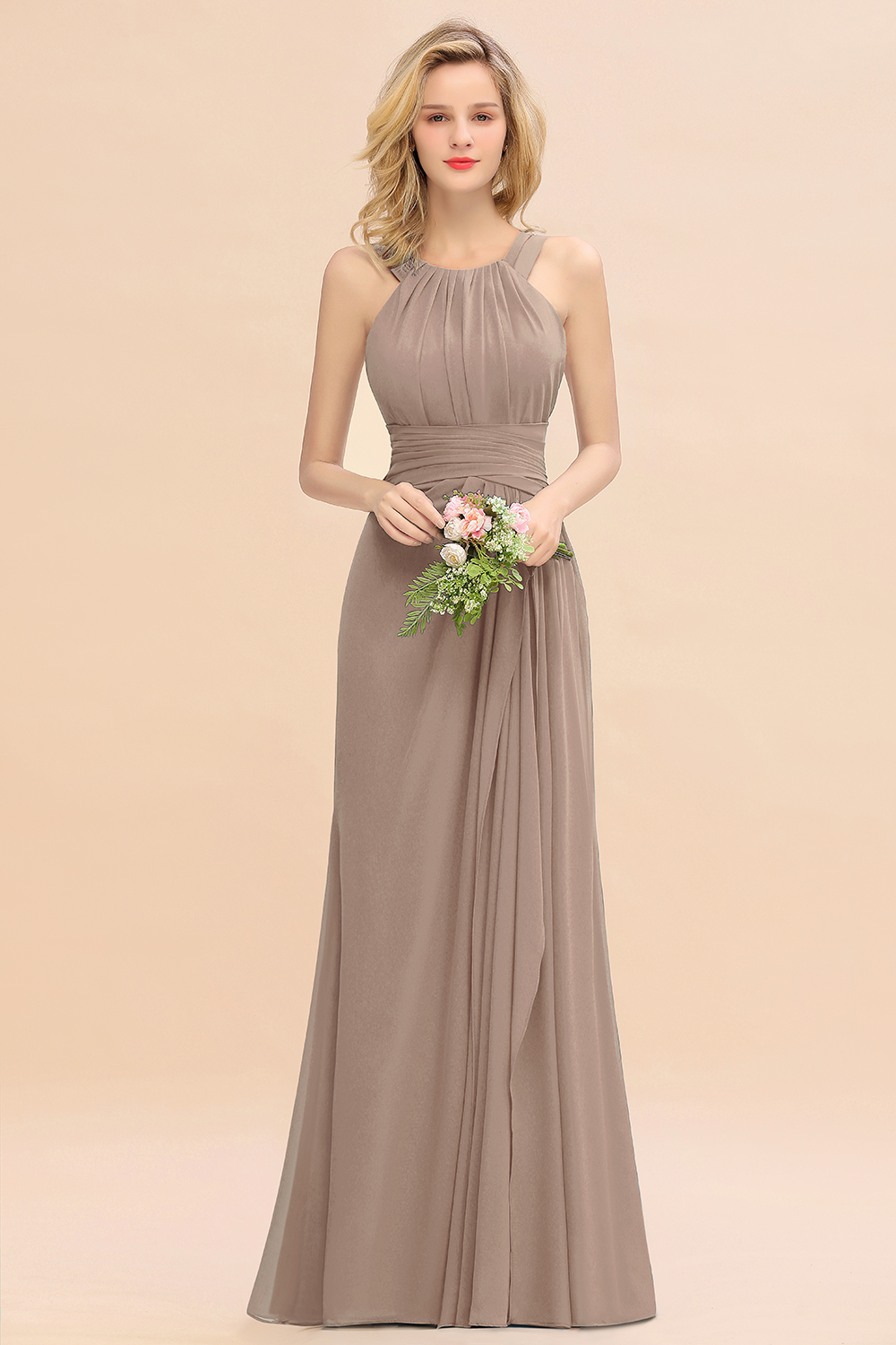 Long A-line Halter Chiffon Backless Floor-length Bridesmaid Dresses