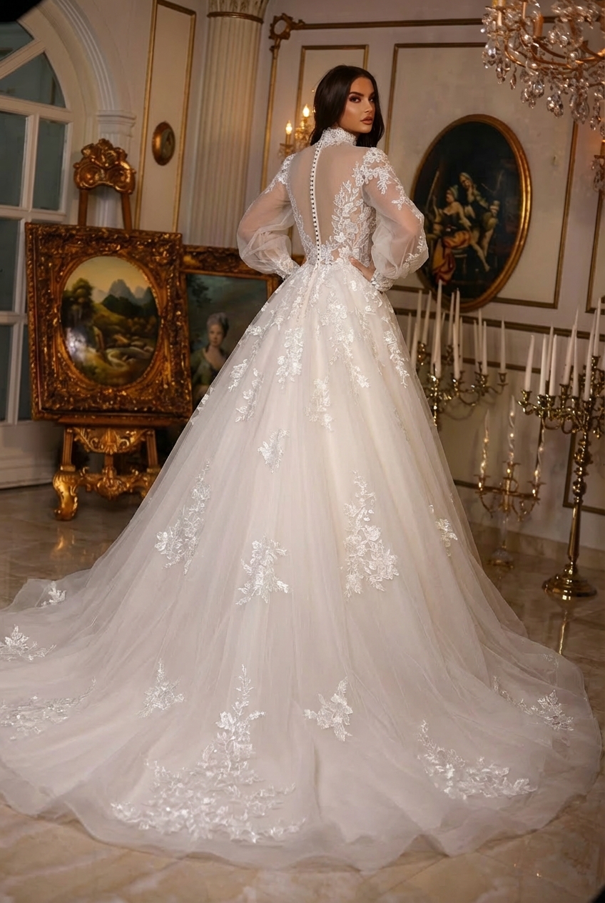 Long A-line High Neck Court Train Lace Tulle Wedding Dress